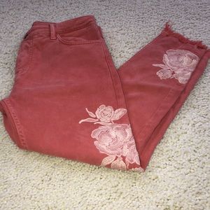 Zara Salmon Rose Embroidery Pants W/ Distress